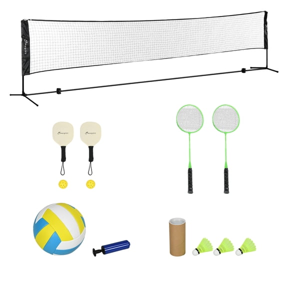 Badminton Set, Pickleball Volleyball Net - Height Adjustable Outdoor Game Set - Beach, Backyard, Driveway - Complete with Rackets, Balls & Pump