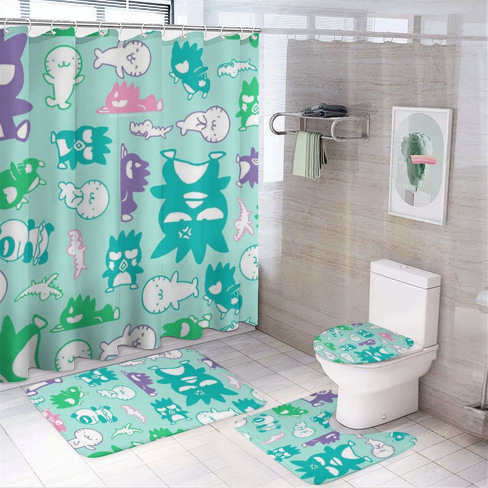 Badtz Maru 4 Pcs Shower Curtain Sets with Rugs, Bath Mat, U Shape And ...