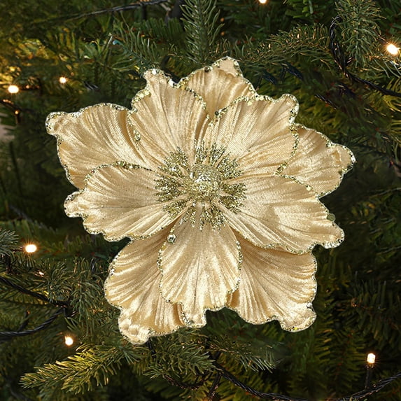 BadyminCSL 8.6Inch Gold Artificial Magnolia Flower with Glitter Lock Edges,3D Handmade Ornament for Christmas Tree Wreath Window Fireplace Decor