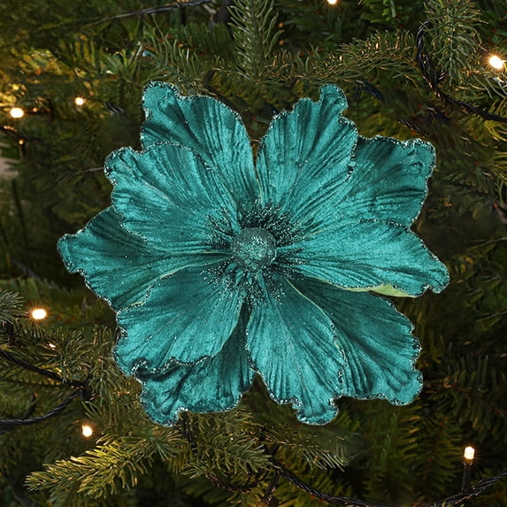 BadyminCSL 8.6Inch Green Artificial Magnolia Flower with Glitter Lock Edges,3D Handmade Ornament for Christmas Tree Wreath Window Fireplace Decor