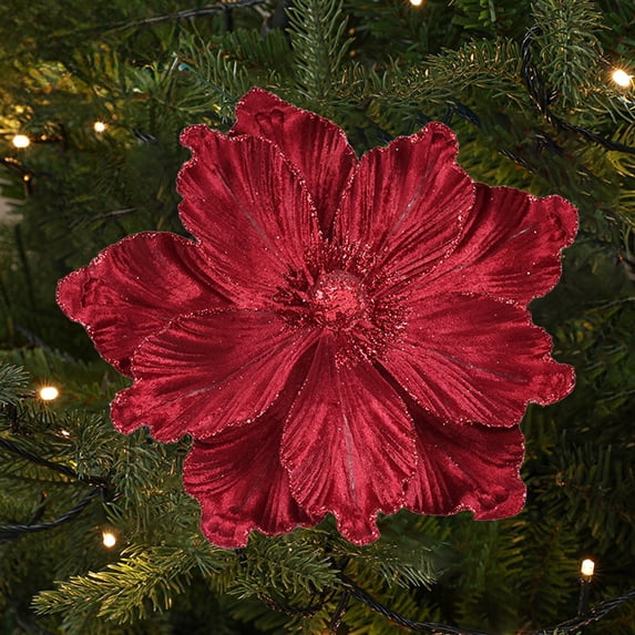 BadyminCSL 8.6Inch Red Artificial Magnolia Flower with Glitter Lock Edges,3D Handmade Ornament for Christmas Tree Wreath Window Fireplace Decor