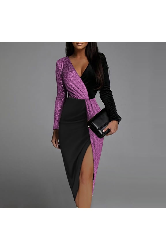 Fashion Women Casual Buttocks V-Neck Zipper Patchwork Long Leeve Dress