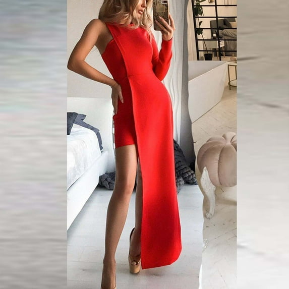 BadyminCSL Fashion Women's Elegant Casual One Shoulder Slim Sling Solid Color Long Dress Skirt Dress