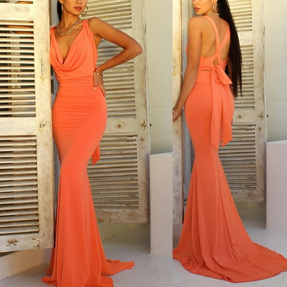 BadyminCSL Fashion Women's Elegant Casual Slim Sling Dress Solid Color Long Dress Skirt Dress