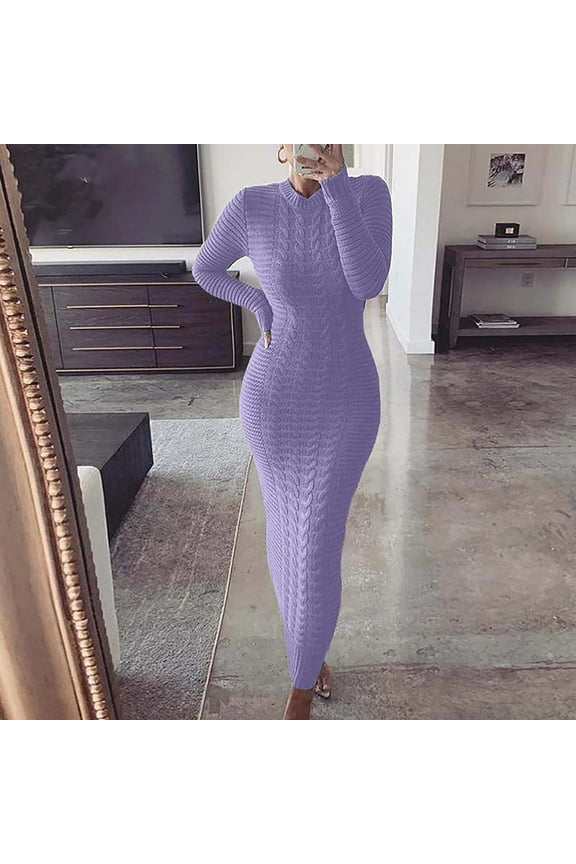 Fashion Womens O-neck Solid Color Hemp Flowers Knitting Long Sleeves Dress