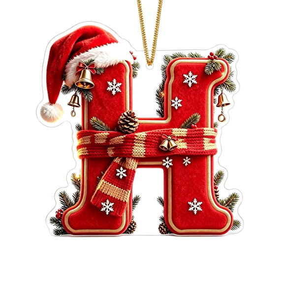 BadyminCSL Red 2D Acrylic Christmas Ornament, 26 Letters Initial Hanging Decor with Santa Hat & Bell, Xmas Tree Holiday Party Gift H