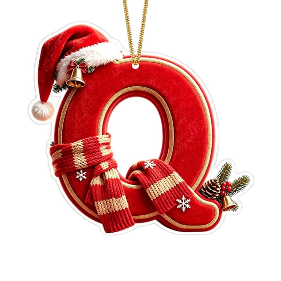 BadyminCSL Red 2D Acrylic Christmas Ornament, 26 Letters Initial Hanging Decor with Santa Hat & Bell, Xmas Tree Holiday Party Gift Q