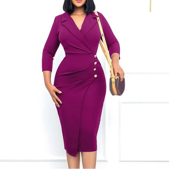 BadyminCSL Women Business Wear Lapel Solid Color Long Sleeve Button Slim Fit Dress