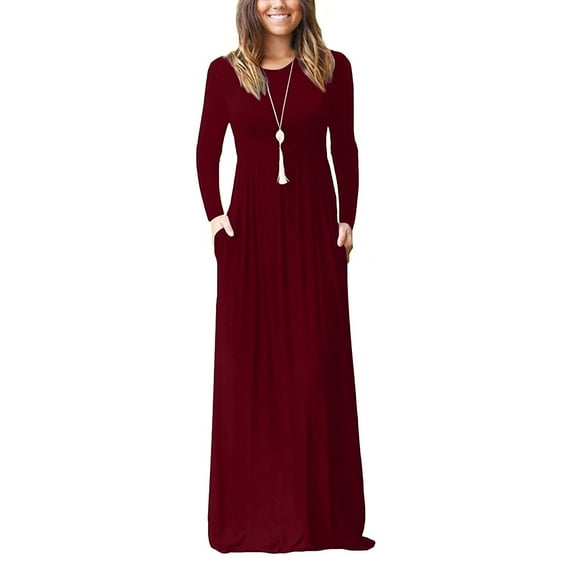BadyminCSL Women Casual Long Sleeve Plus Size Loose Plain Pockets Long Maxi Dress