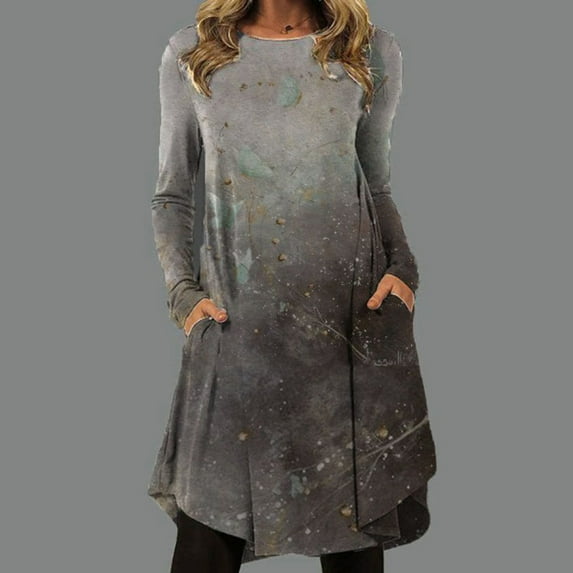 BadyminCSL Women Fall Soft O-Neck Long Sleeve Formal Flower Irregular Tie-Dye Color Block Printing Fall Maxi Casual Ladies Dress