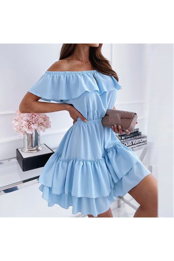 Women Slash-Neck Ruffle Solid Short Sleeve Draw Back Skirt Bud Dress