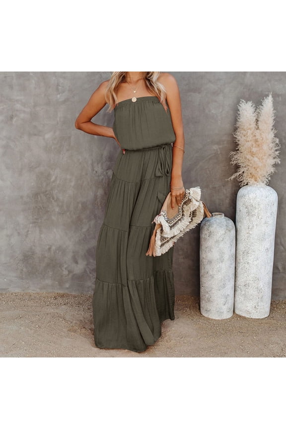Women Solid Color Tube Top Stitching Backless Long Skirt Dress