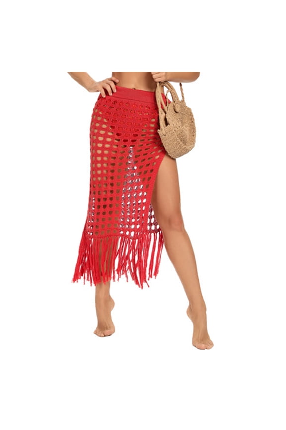 Women Solid Swimsuit Bohemian Hollow Weave Tassels Cover Up Bikini Swimwear Beach Cover-Ups Wrap Skirt