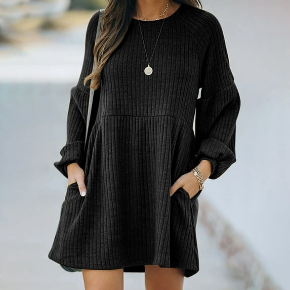 BadyminCSL Women's Fashion Autumn Winter Long Sleeve Knitted Medium Waist Sweater Dress