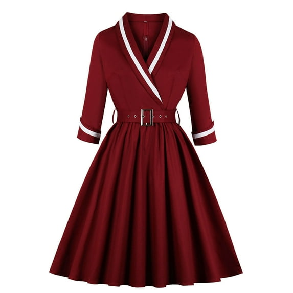 BadyminCSL Women's Fashion Mid-Sleeve V-Neck Vintage Elegant Solid Belt Party Swing Dress