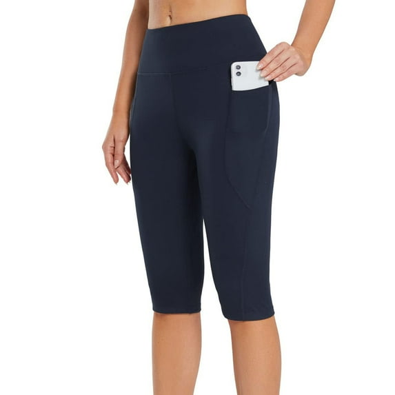 BadyminCSL Women's Knee Length Leggings High Waisted Yoga Workout Exercise Capris for Casual Summer with Pockets