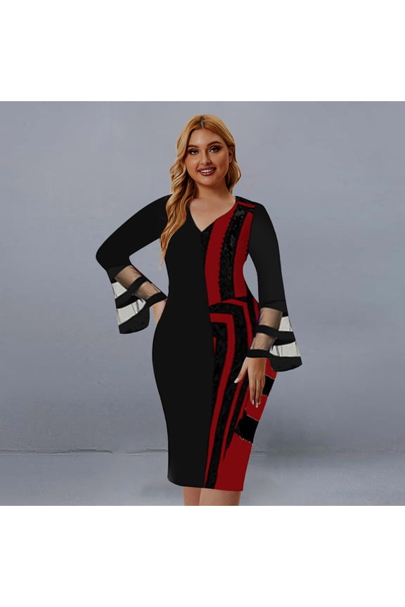 Women's Large Patchwork Dress Hip Wrap Skirt Long Sleeve Casual Swing Dress Longuette Dress