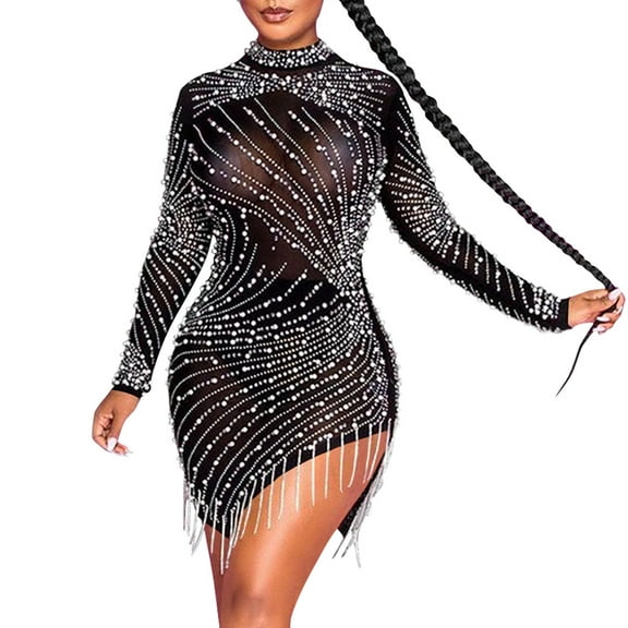 BadyminCSL Women's Nightclub Net Yarn Perspective Hot Drilling Fringe Round Neck Long Sleeve Dress