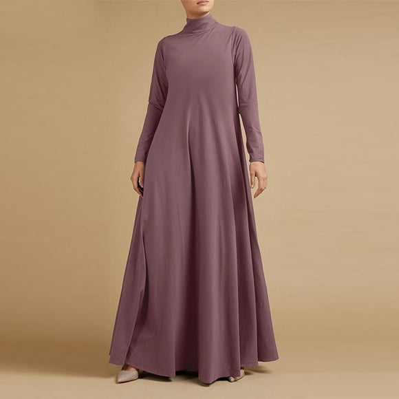 BadyminCSL Women's Plus Size Casual Dress High Collar Solid Color Long Sleeve Winter Fall Basic Casual Maxi Long Dress Daily Vacation Dress