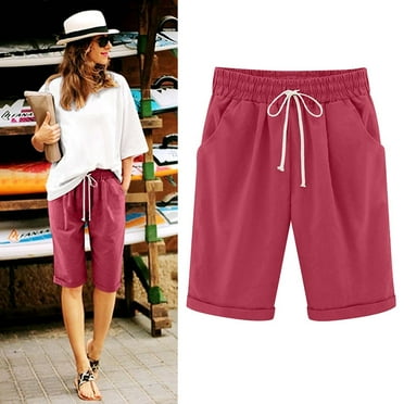 BadyminCSL Women's Summer Solid Five Points Large Size Cotton Linen Pants Casual Pants