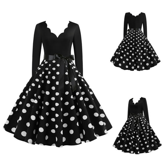 BadyminCSL Women's V-Neck Retro Print Polka-Dot Long-Sleeved Casual Bow Tie Stitching Large Swing Dress