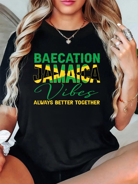 Baecation Jamaica Vibes Matching Couple Vacation Trip T-Shirt casual short sleeve crew neck cotton tee tops for women
