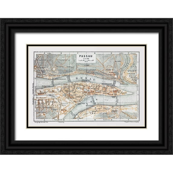 Baedeker 14x11 Black Ornate Wood Framed with Double Matting Museum Art Print Titled - Passau Germany - Baedeker 1914