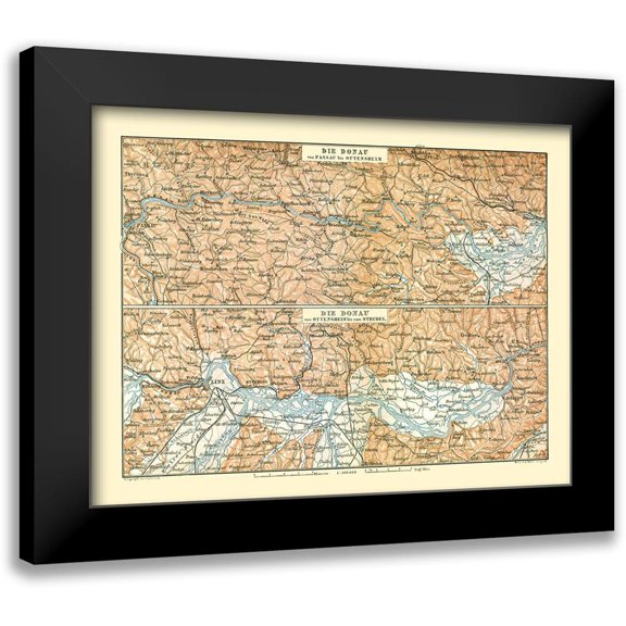 Baedeker 14x12 Black Modern Framed Museum Art Print Titled - Danube River Passau Strudel Austria - Baedeker