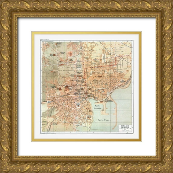Baedeker 15x15 Gold Ornate Wood Framed with Double Matting Museum Art Print Titled - Catania Italy - Baedeker 1880