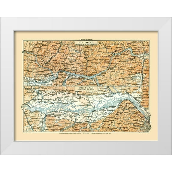 Baedeker 18x15 White Modern Wood Framed Museum Art Print Titled - Danube River Grein to Vienna Austria