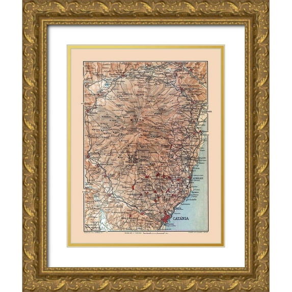 Baedeker 19x24 Gold Ornate Wood Framed with Double Matting Museum Art Print Titled - Mount Etna Region Sicily Italy - Baedeker 1880
