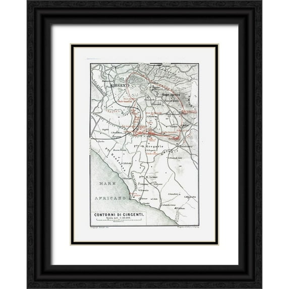 Baedeker 24x32 Black Ornate Wood Framed with Double Matting Museum Art Print Titled - Girgenti Italy - Baedeker 1880