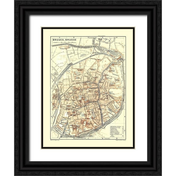 Baedeker 25x32 Black Ornate Wood Framed with Double Matting Museum Art Print Titled - Bruges Belgium Europe - Baedeker 1910