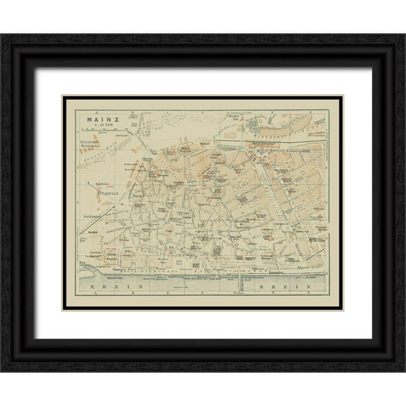 Baedeker 32x25 Black Ornate Wood Framed with Double Matting Museum Art Print Titled - Mainz Germany - Baedeker 1914