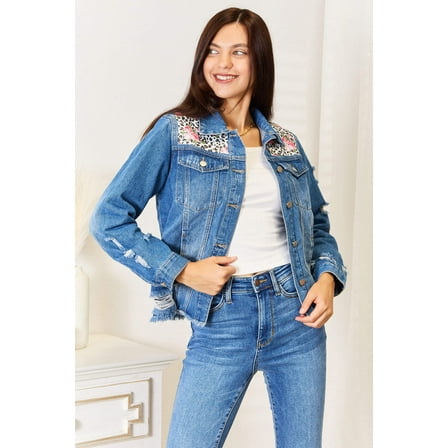 Baeful Leopard Floral Distressed Raw Hem Denim Jacket
