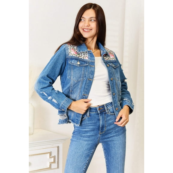 Baeful Leopard Floral Distressed Raw Hem Denim Jacket