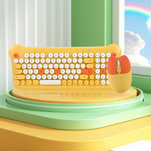Baeitkot Colourful Retro Round Cap Wireless Keyboard And Mouse Set Desktop PC Laptop Universal Wireless Keyboard Smart Power Saving on Clearance