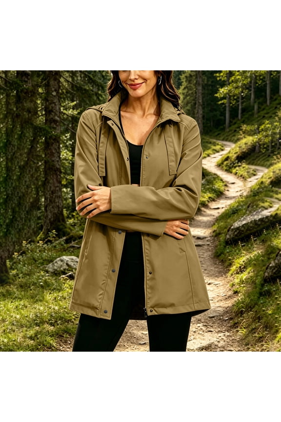 Ladies' Casual Hooded Jacket Ladies' Fashionable Solid Color Casual Waterproof Hooded Jacket Khaki XL