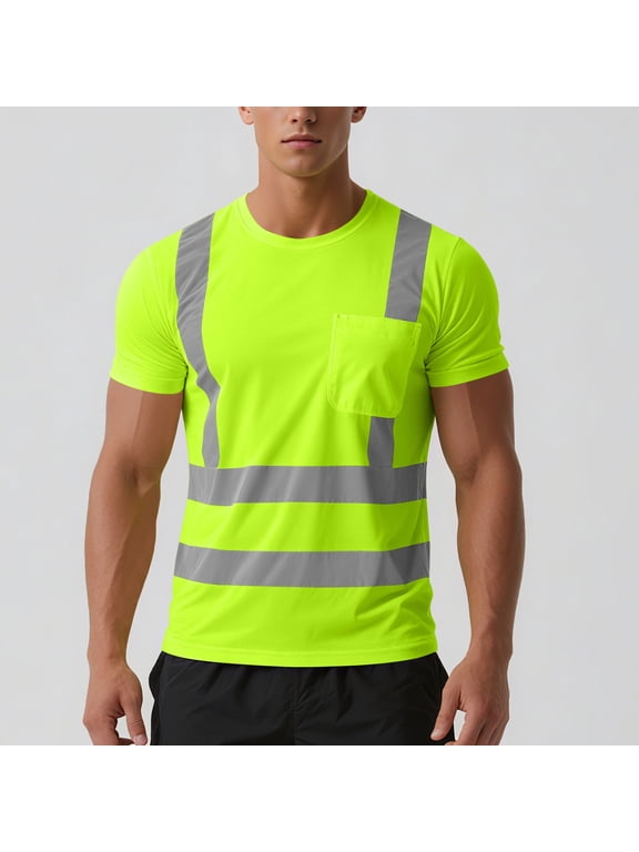 Men's Single Pocket Reflective Strip Round Neck Short Sleeved Breathable Casual Loose Tops