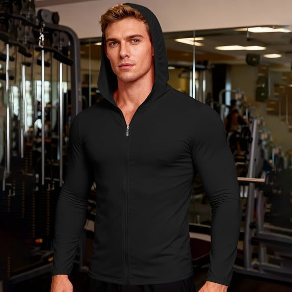 Baeitkot Mens Longsleeved Sun Protection Shirt Mens Solid Color Longsleeved Zippered Hooded Sun Protection Shirt Drying and Lightweight Black L