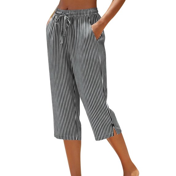 Baeitkot Summer Pants of Woman Women's Linen Loose Pants Button Elastic Waist Casual Straight Tube Pants Capris Black XL