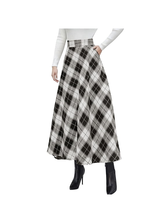 Women Summer Printed Dress Ladies' High Waisted Plaid A-line Half Body Large Skirt Black M
