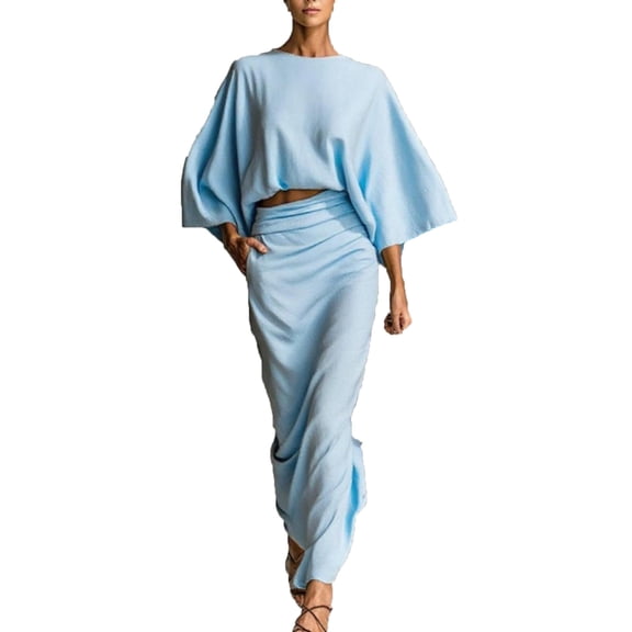 Baeitkot Women Summer Printed Dress Women Batwing Sleeve Round Neck High Waisted Midi Skirt Fashion Casual Loose Solid 2-Piece Set Sky Blue XL