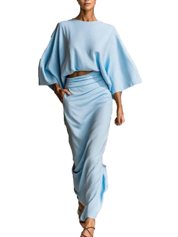 Women Summer Printed Dress Women Batwing Sleeve Round Neck High Waisted Midi Skirt Fashion Casual Loose Solid 2-Piece Set Sky Blue XL