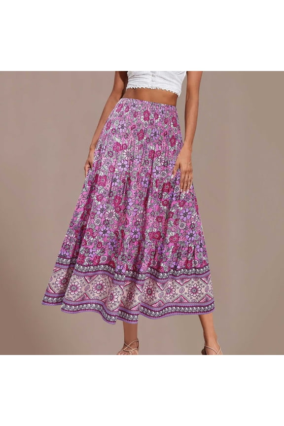 Women's Bohemian Pleated Mini Skirts Women's Bohemian Long Skirts Flowy High Waist A Line Maxi Skirts For Women Summer Pleated Mini Skirts Pink XL