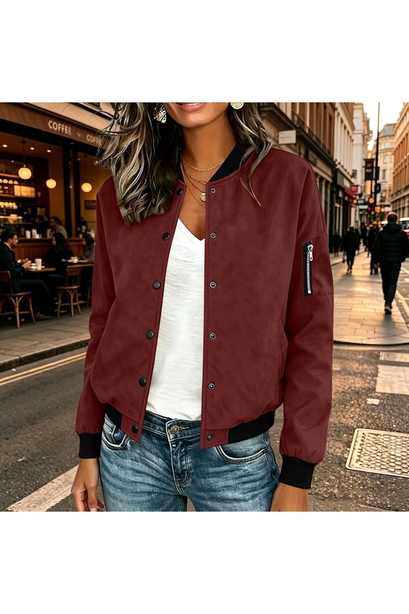 Women's Long Sleeve Jacket Women's Solid Color Button-Front Long Sleeve Jacket with Ribbed Contrast Panels and Kangaroo Pocket Casual Lined Outerwear Wine M
