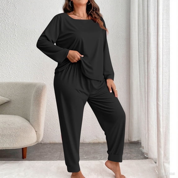 Baeitkot Women's Plus Size Pants Home Suit Set Women's Plus Size Fashionable Solid Color Long Sleeved Pants Casual Home Suit Set Black XL