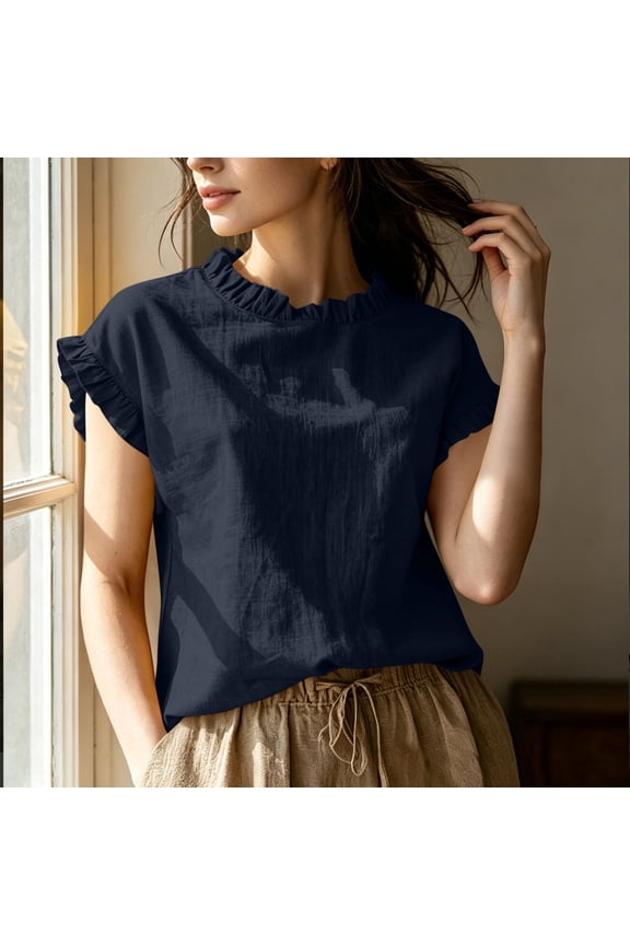 Women's Solid Color Short Sleeve Top Women's Solid Color Ruffled Collar Sleeve Short Sleeve Blouse Casual Feminine Top Navy M