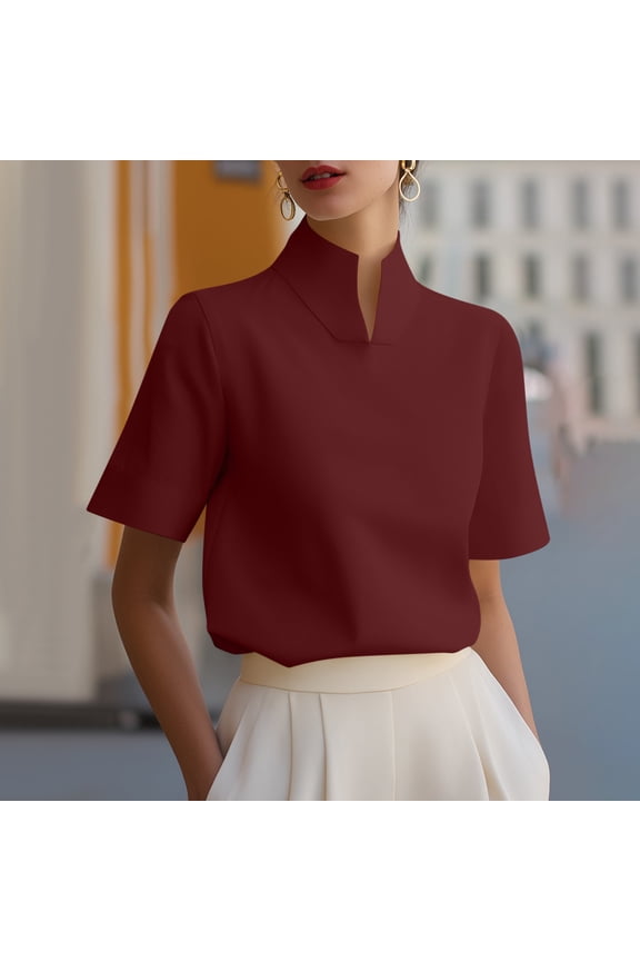 Women's Stand Short Sleeve Commute Tops Women's Solid Elegant Stand Collar Short Sleeve Commute Tops V Notch Neck Work Shirt Business Casual Blouse for Office Wine M
