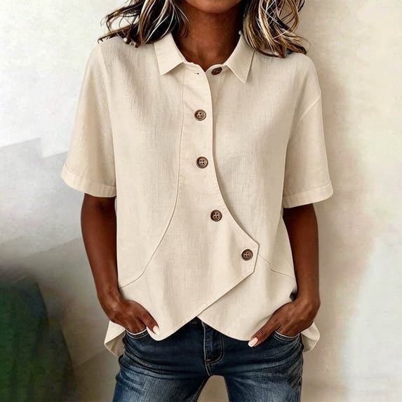 Baeitkot Women's Summer Short Sleeve Tops Women's Fashion Summer Short Sleeve Collar Pleated Button Tops Blouses Irregular Shirt Beige M